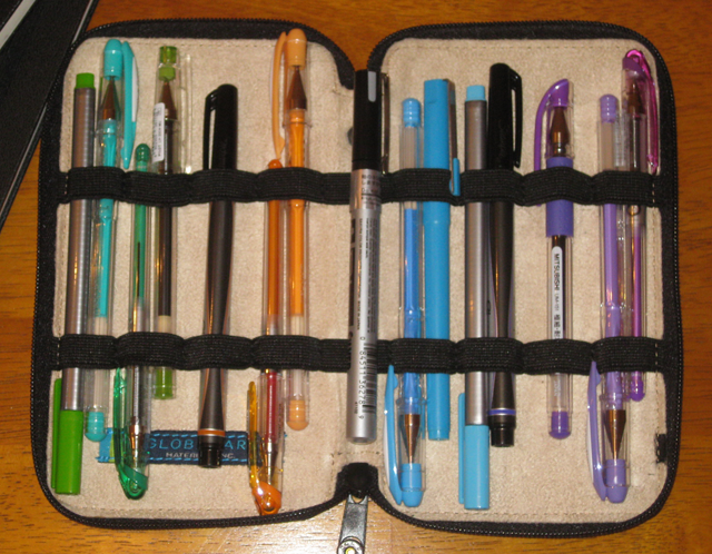 A collection of pens in a case